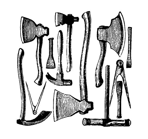 narzędzia/przedwczesne woodblock ilustracje - engraved image gear old fashioned machine part stock illustrations