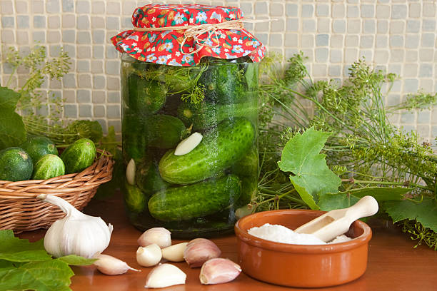 home made pickles "Pickles and ingredients: dill, grape leaves, salt and garlic." dill pickle stock pictures, royalty-free photos & images