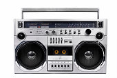 1980s Silver radio boom box  isolated on white. front