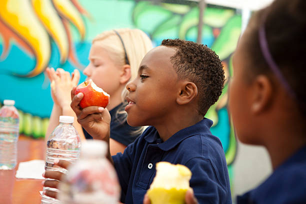 studenci podczas przerwa na lunch. - apple eating healthy eating friendship zdjęcia i obrazy z banku zdjęć