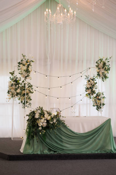 istock Wedding table in a tent decorated with flowers and green fabric 1828526970