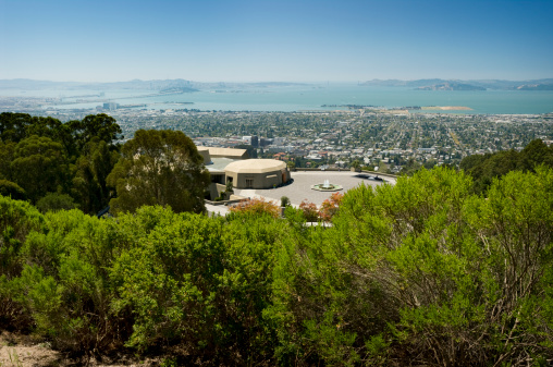 View of Bay Area from UC Berkeley campus hill. Lawrence Hall of Science is in the middle.