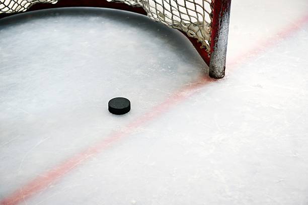 Hockey puck in goal and red line A hockey puck resting over the red line demonstrating a goal scored. Click on an ice hockey net stock pictures, royalty-free photos & images