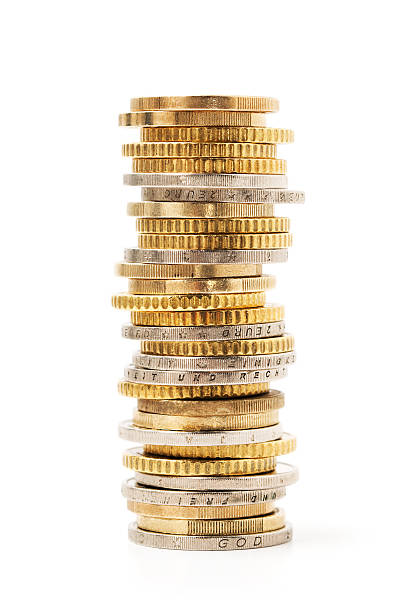 Stack of gold and silver coins piled together Stack of coins isolated on white.Find more in european union coin photos stock pictures, royalty-free photos & images