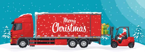Vector illustration of Santa Claus loading gifts with a forklift to a snow covered truck. Christmas night landscape. Christmas campaign for cargo logistics and shipping of high demand merchandise for the Christmas season