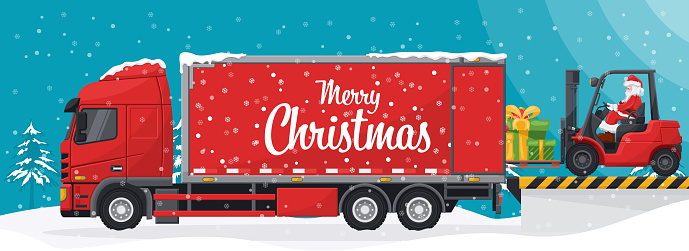 Loading Gift Photo Santa Claus Driving A Forklift Loading Gifts To A Container Truck At ...