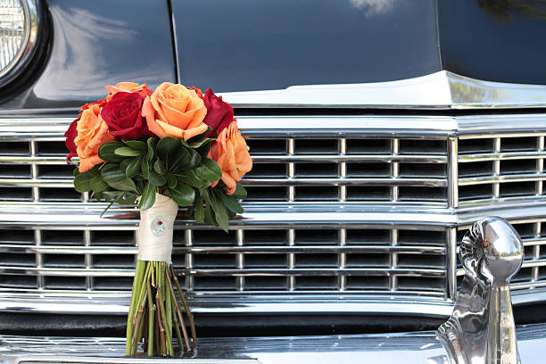 istock Brides Wedding Bouquet on Vintage Car Grill 182853865