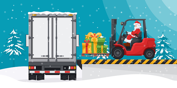 Loading Gift Photo Santa Claus Driving A Forklift Loading Gifts To A Container Truck At ...