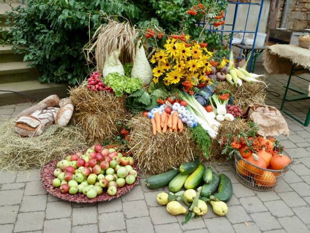 Visible are different vegetables and fruits like Apples, carrots, zucchini and flowers trapped on straw as a thank you for Mother Nature - thanksgiving in Germany