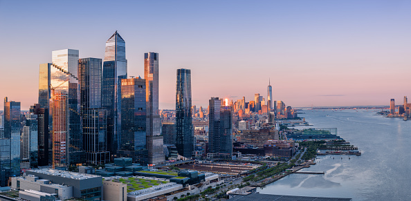 Aerial panorama of the Midtown Manhattan cityscape and Hudson Yards