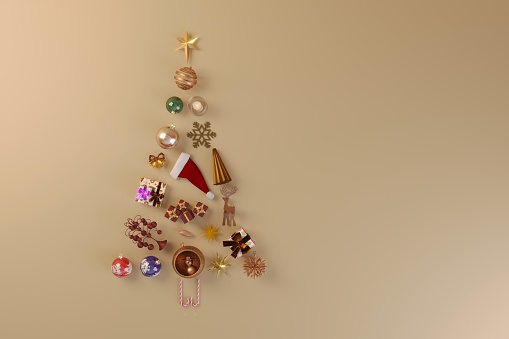 Christmas tree made of ornaments flat lay, can be used new year concepts. ( 3d render )