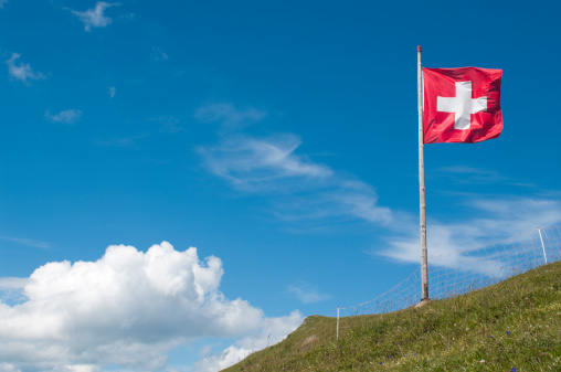 A Swiss flag on a meadow in the Alps