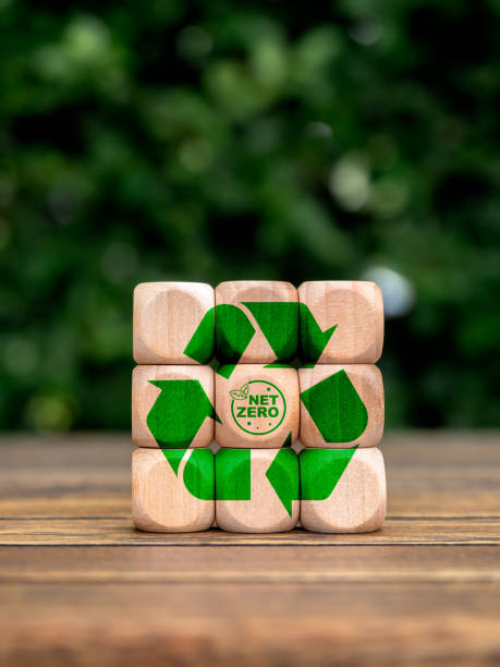 istock Recycle for save the earth, Reduce CO2 emissions, limit climate change, carbon dioxide reduction concept. Net zero icon on center of recycle symbol on wood cube puzzle on leaves background, vertical. 1828556275