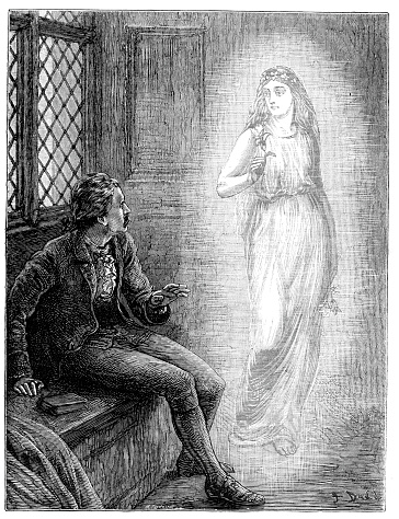 Vintage engraving from 1877 of a man being haunted by the ghost of a young woman.