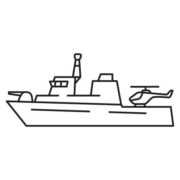 illustrazioni stock, clip art, cartoni animati e icone di tendenza di icona della nave militare del mare. imbarcazione militare. navi da battaglia della marina. illustrazione vettoriale del contorno. - fregata