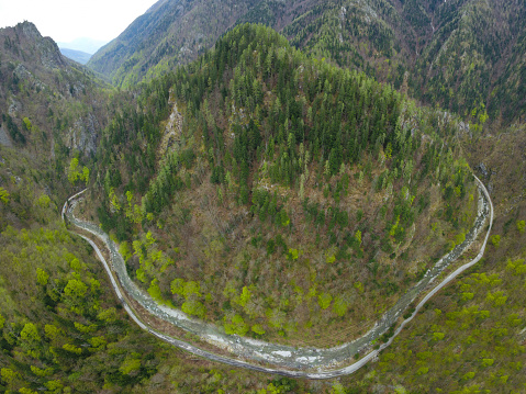 Aerial drone panorama of Latorita valley during early spring. The river flows along beech and spruce forests that are covering sharp cliffs. Carpathia, Romania.