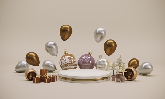 New year and christmas  concept with christmas ornaments and balloons on beige background. (3d render)