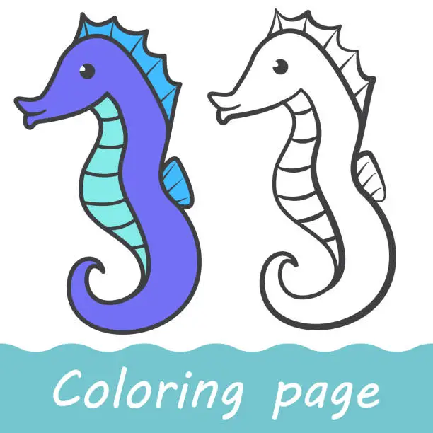 Vector illustration of Cute cartoon outline seahorse. Black and White cartoon seahorse.