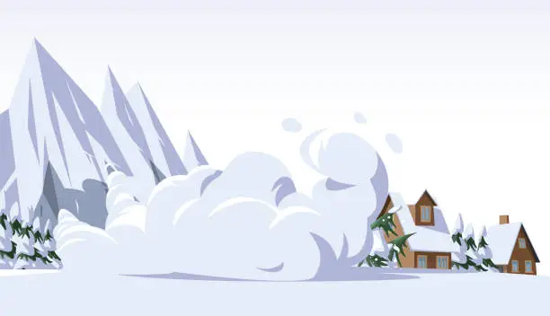 Vector illustration of Winter mountain landscape with houses or chalet under snowslide