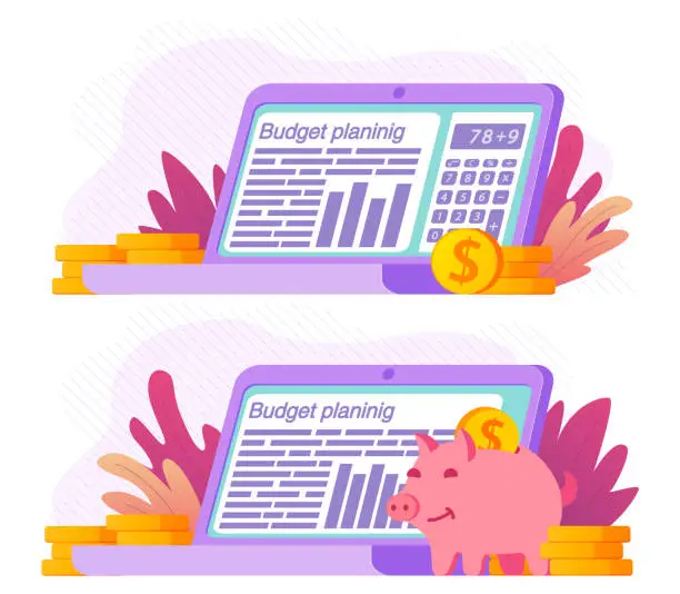 Vector illustration of Budget planning financial on laptop.Tax report.Piggy bank.Dollar coins stack.Audit or investment analysis.