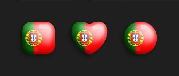 Vector illustration of Portugal Official National Flag 3D Vector Glossy Icons Isolated On Black Background