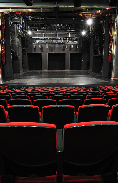 Photo of an empty theater stage from audience red seats stock photo