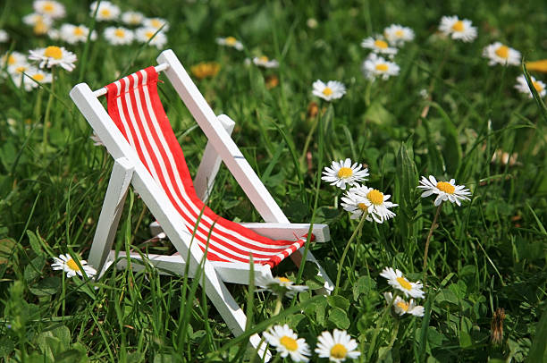 A miniature deck chair standing in the grass between daisies.