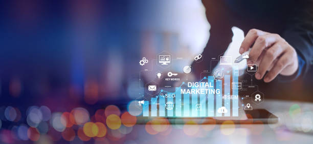 istock Digital marketing business analytics technology concept banner background. Website advertisement social media network, SEO, SEM video and mobile application icons with ai fintech for strategy. 1828591363