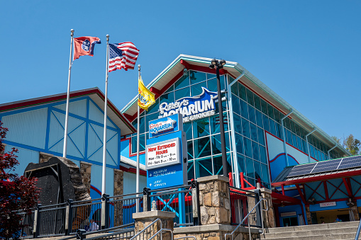 Gatlinburg, USA - April 19, 2023. Facade of Ridley's Aquarium in downtown Gatlinburg, a gateway town to Great Smoky Mountains National Park in Tennessee, USA.