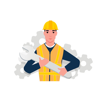 Labor employee,Construction worker – no activity, just waist-up portrait in worker uniform, holding helmet or tools,Contractor, Construction Worker, Handyman In Overall And Tool Belt Holding Drill, Repair Craftsman Illustration