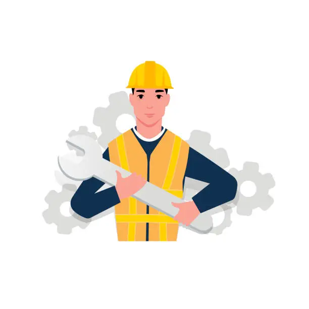 Vector illustration of Labor employee,Construction worker – no activity, just waist-up portrait in worker uniform, holding helmet or tools