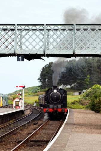 A steam train pulling into an English station. Manipulated colour.Also see: