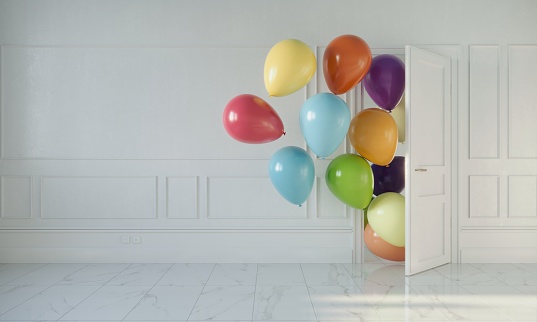 Room with opening door and multi colored ballons entering. (3d render)
