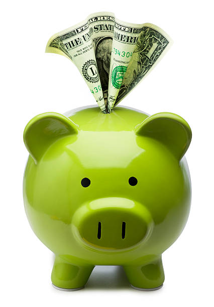 Dollar in a Piggy Bank This is a conceptual photo relating to business and finance. The focus is on the dollar bill in the piggy bank. piggy bank photos stock pictures, royalty-free photos & images