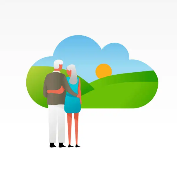 Vector illustration of Husband, Wife, Looking out toward horizon/sunset, Old Couple shown from behind, arms embraced, looking out toward a scenic sunset horizon