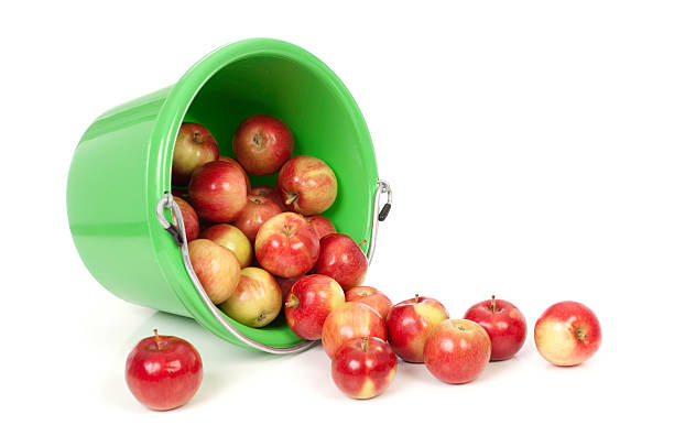 rote äpfel in einen grünen eimer verschütten - pferdeäpfel stock-fotos und bilder