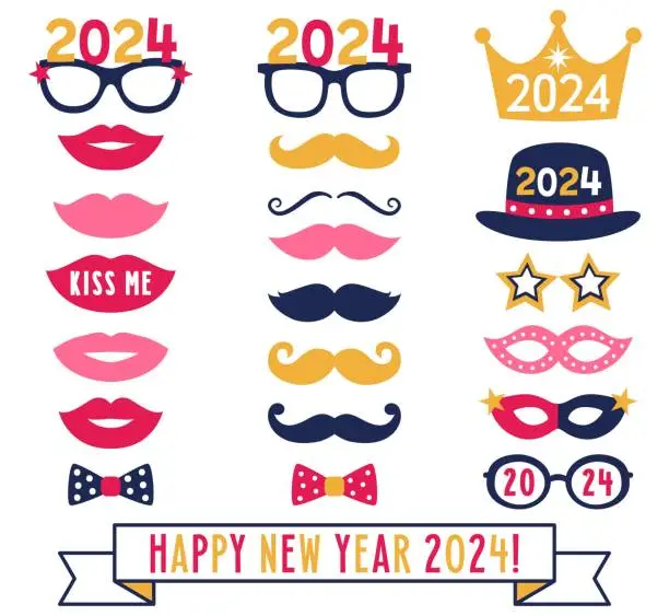 Vector illustration of New Year 2024 vector party set (glasses, lips, mustaches)