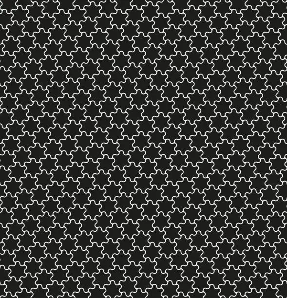 Vector illustration of Seamless abstract geometric pattern with interlocking wavy white shapes made of six small circles on a black background. Metallic mesh texture. Vector illustration.
