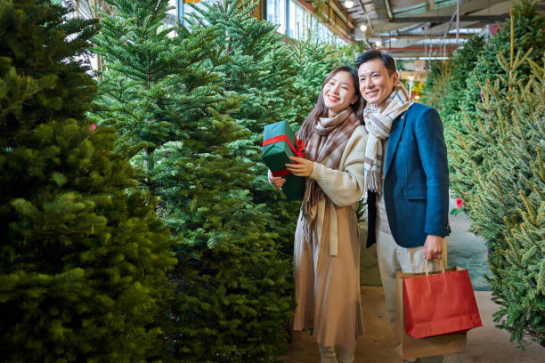 istock Asia Couple Choosing Christmas Pine Tree 1828639873