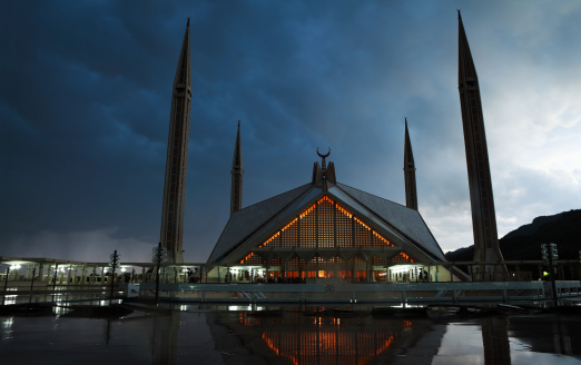 The Faisal Mosque after sunset in Islamabad is the largest mosque in Pakistan and South Asia and the sixth largest mosque in the world.