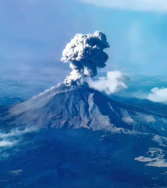 Active Popocatepetl volcano in Mexico aerial shot.