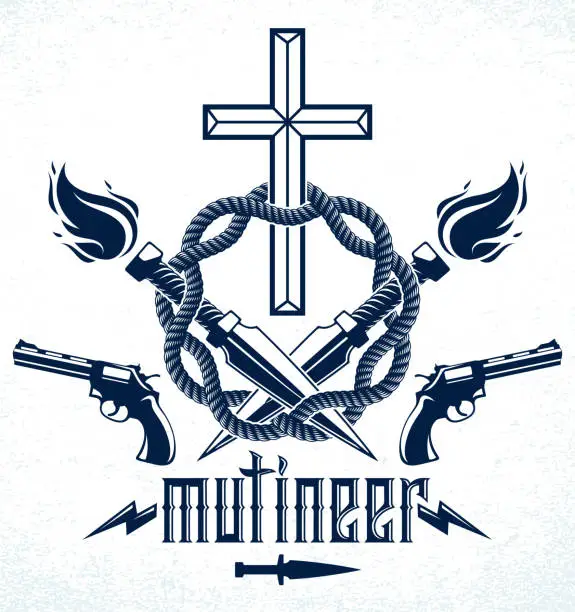 Vector illustration of Gangster thug emblem or logo with Christian Cross, weapons and different design elements , vector tattoo, anarchy and chaos, dead rebel partisan and revolutionary.