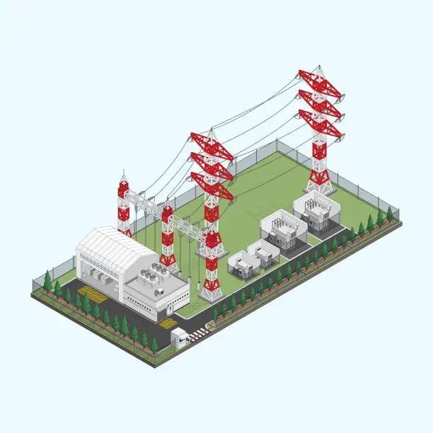Vector illustration of electrical sub station with isometric graphic