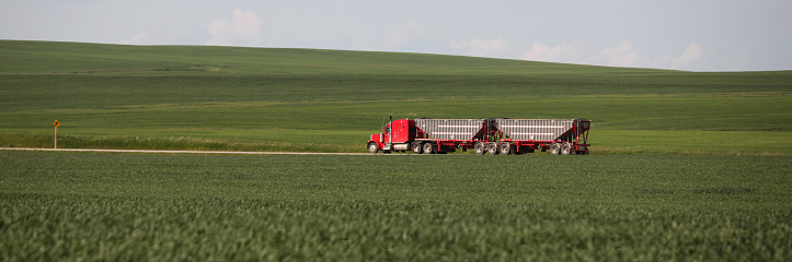 Red semi truck on the prairie. Seed or agriculture truck driving on a rural highway on the prairie. Themes include trucking, freight, industry, panorama, long distance driving, big rig, 18-wheeler, hauling, transportation, agriculture, heavy equipment, and growing. Beautiful green wheat fields surround the truck. Image taken in June near Red Deer, Alberta, Canada. 