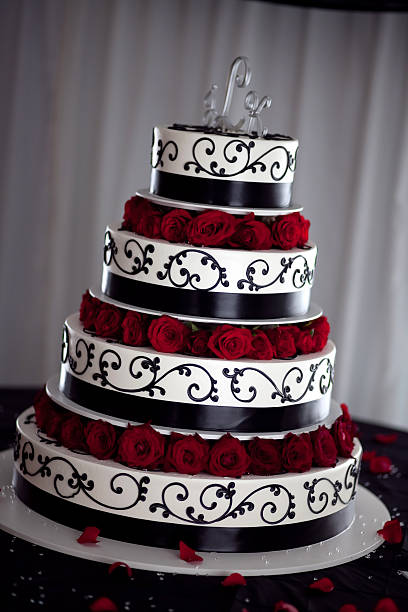 Black, white and red wedding cake stock photo