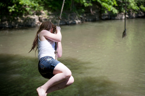 Swing Into Summer- Cute Young Girl Swinging on Rope