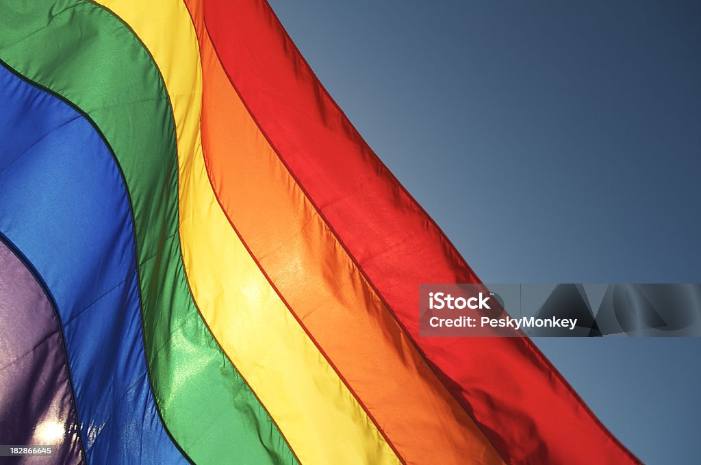 Acenando a bandeira arco-íris Orgulho Gay de sol contra o céu azul - Foto de stock de Direitos dos Gays royalty-free