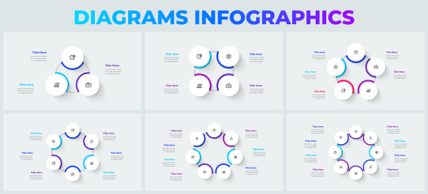 Set of cycle diagrams with 3, 4, 5, 6, 7 and 8 options or steps. Slides for business presentation. Circle abstract elements.