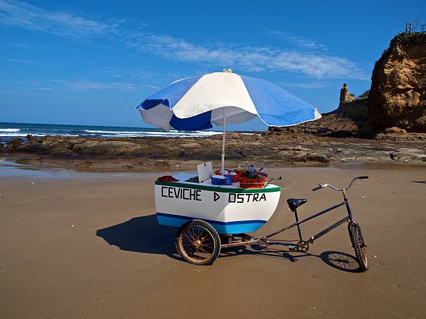 Montanita Ecuador - Ceviche Stand Montanita Ecuador - Ceviche Stand on the Beach. Identifying stickers have been removed - Cerviche means seafood cocktail and Ostra means Oyster in Sanish montanita ecuador stock pictures, royalty-free photos & images