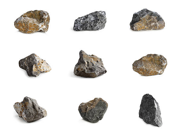 Arrangement of nine rocks with different colors and textures Rock Isolated on White background rock object stock pictures, royalty-free photos & images